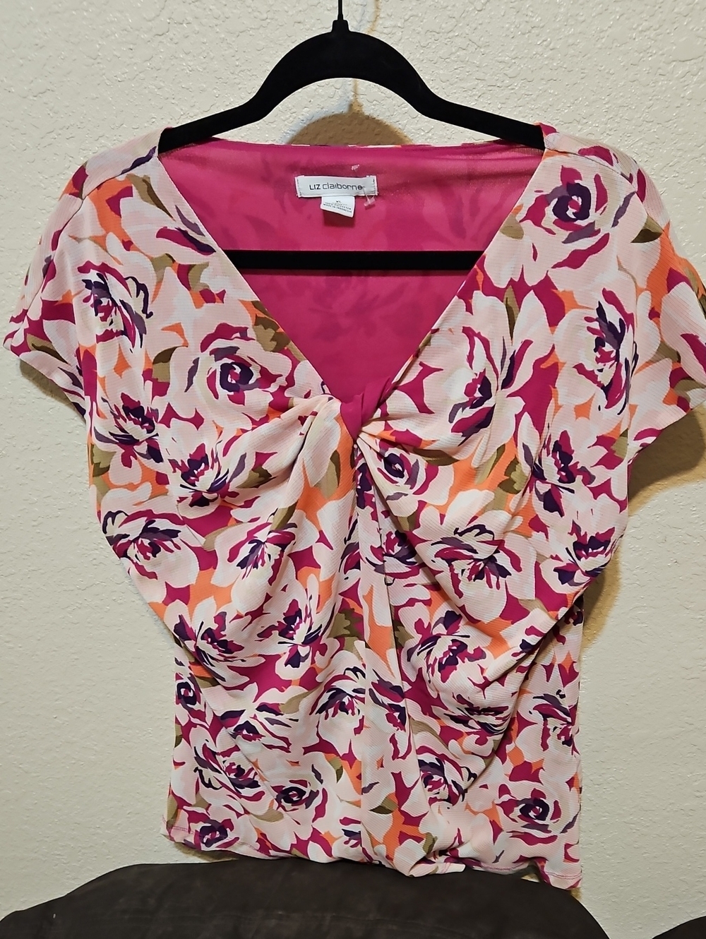 Liz Claiborne Pink Floral Twist-Front Top